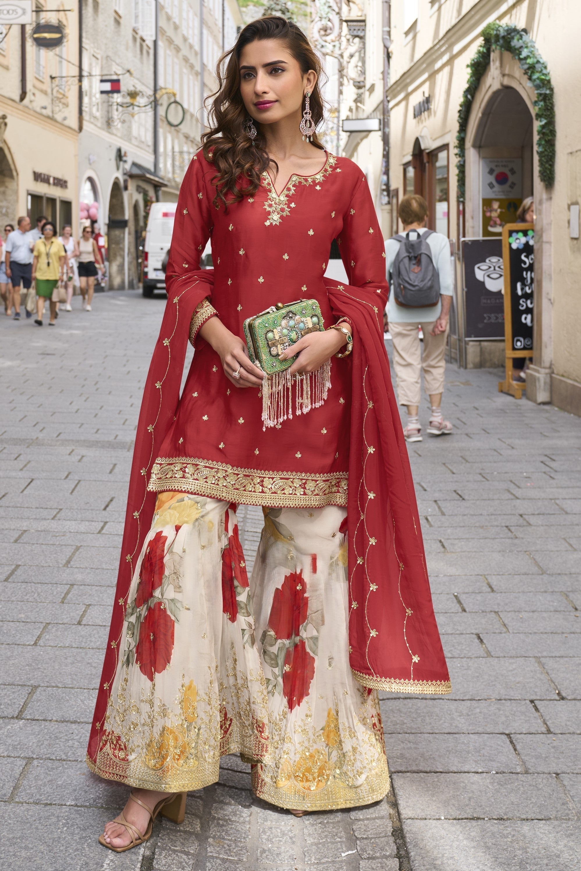 Red Chinon Silk Kameez With Palazzo Suit For Indian & Pakistani Wedding Festival - Print Work, Thread & Sequence Embroidery