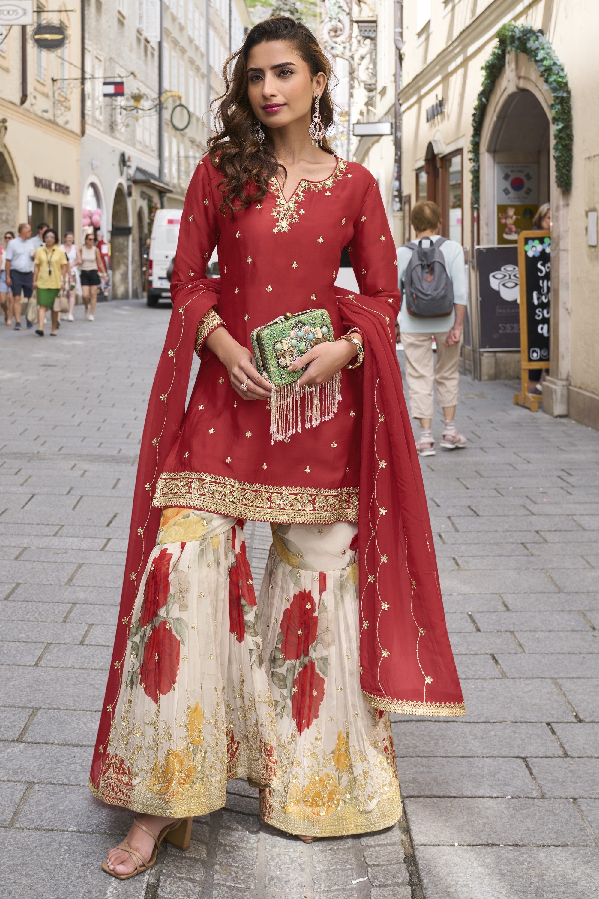 Red Chinon Silk Kameez With Sharara Suit For Indian & Pakistani Wedding Festival - Print Work, Thread & Sequence Embroidery
