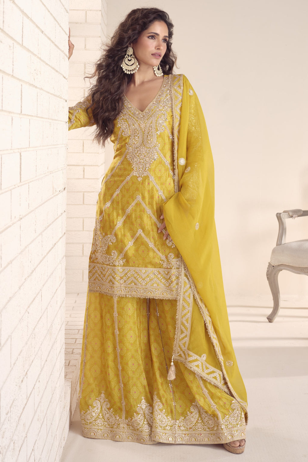 Yellow Chinon Silk Kameez With Palazzo Suit For Indian & Pakistani Wedding Festival - Print Work, Thread & Sequence Embroidery