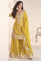 Yellow Chinon Silk Kameez With Palazzo Suit For Indian & Pakistani Wedding Festival - Print Work, Thread & Sequence Embroidery