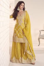 Yellow Chinon Silk Kameez With Palazzo Suit For Indian & Pakistani Wedding Festival - Print Work, Thread & Sequence Embroidery