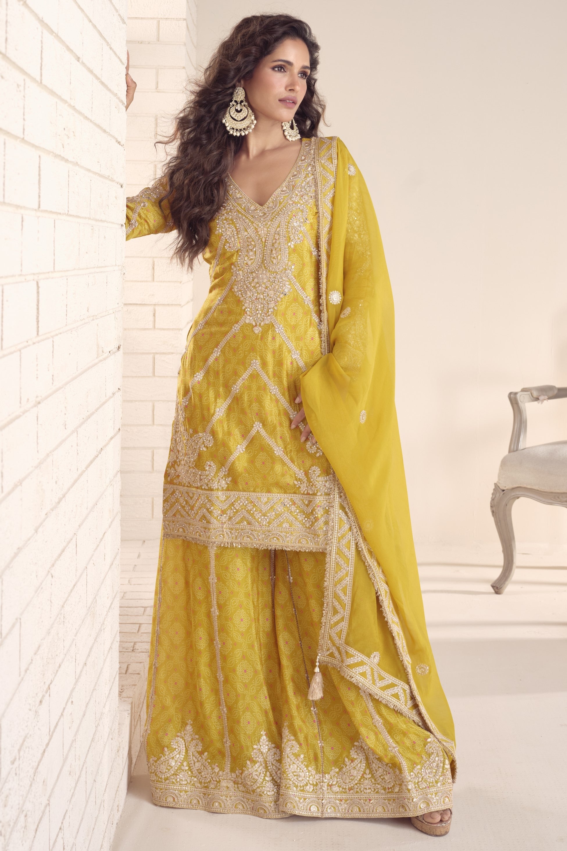 Yellow Chinon Silk Kameez With Palazzo Suit For Indian & Pakistani Wedding Festival - Print Work, Thread & Sequence Embroidery