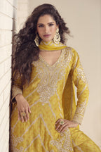 Yellow Chinon Silk Kameez With Palazzo Suit For Indian & Pakistani Wedding Festival - Print Work, Thread & Sequence Embroidery