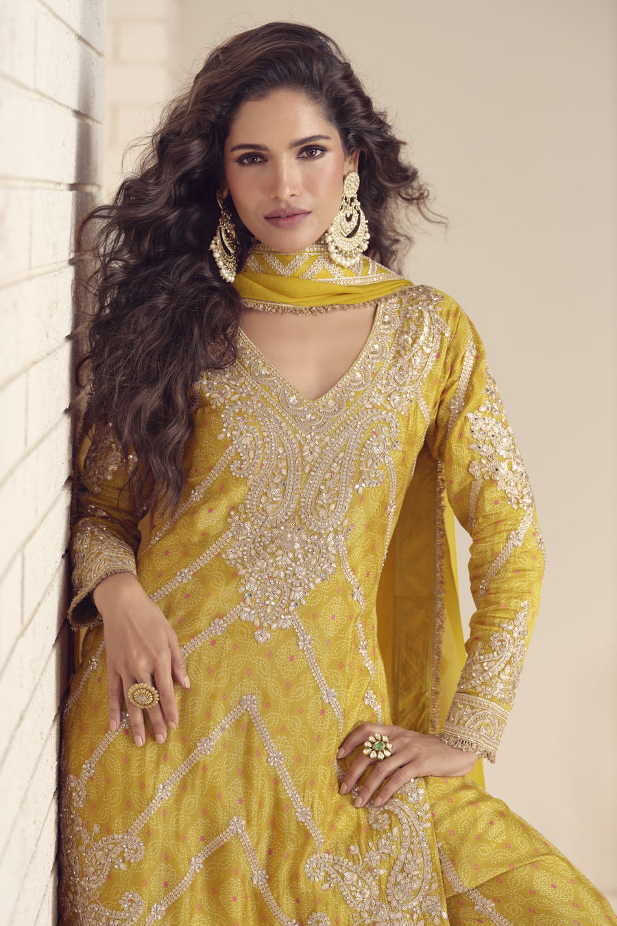 Yellow Chinon Silk Kameez With Palazzo Suit For Indian & Pakistani Wedding Festival - Print Work, Thread & Sequence Embroidery