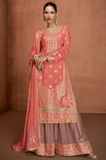 Coral Chinon Silk Plazo Suit For Indian & Pakistani Wedding Festival - Embroidery Work