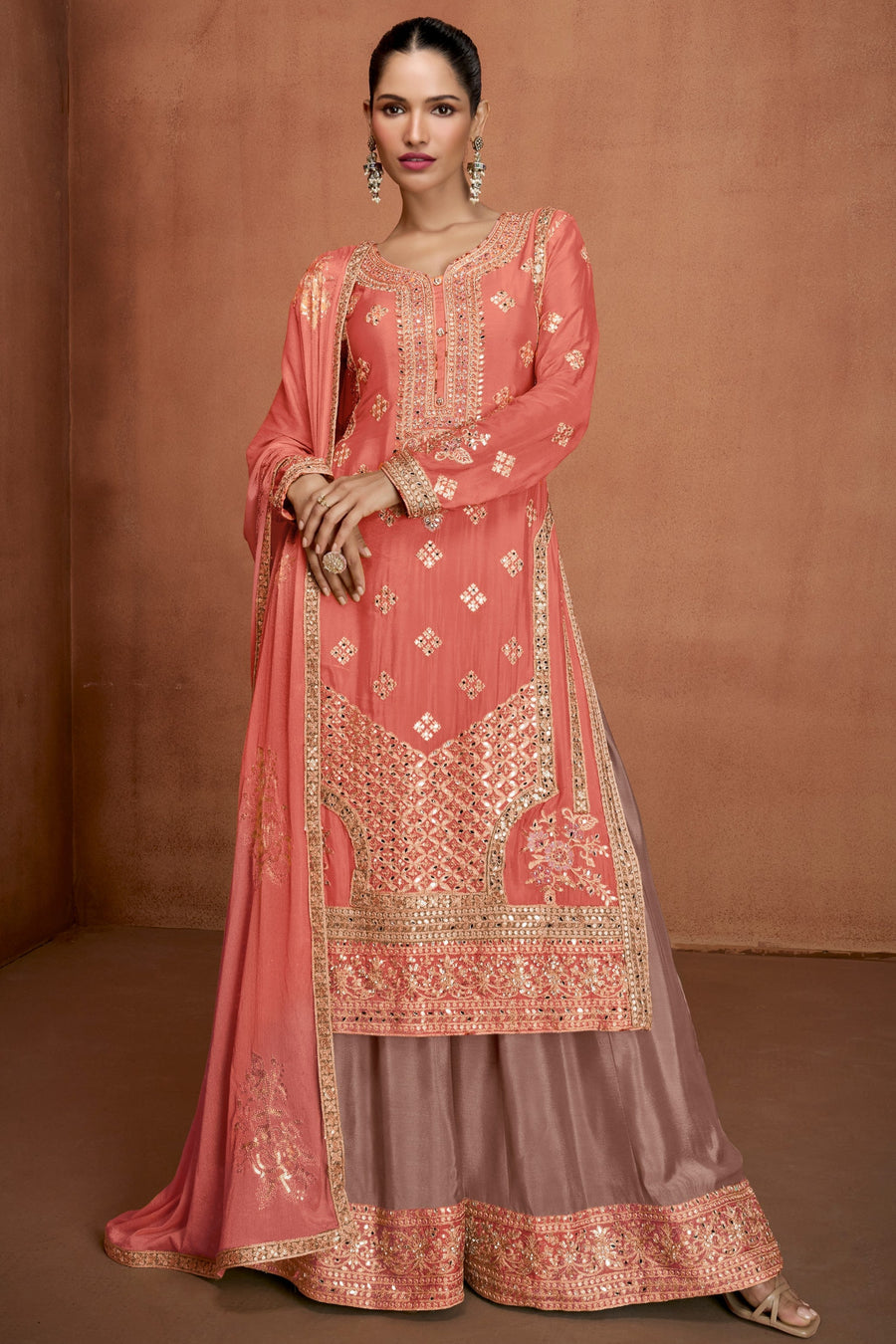 Coral Chinon Silk Plazo Suit For Indian & Pakistani Wedding Festival - Embroidery Work