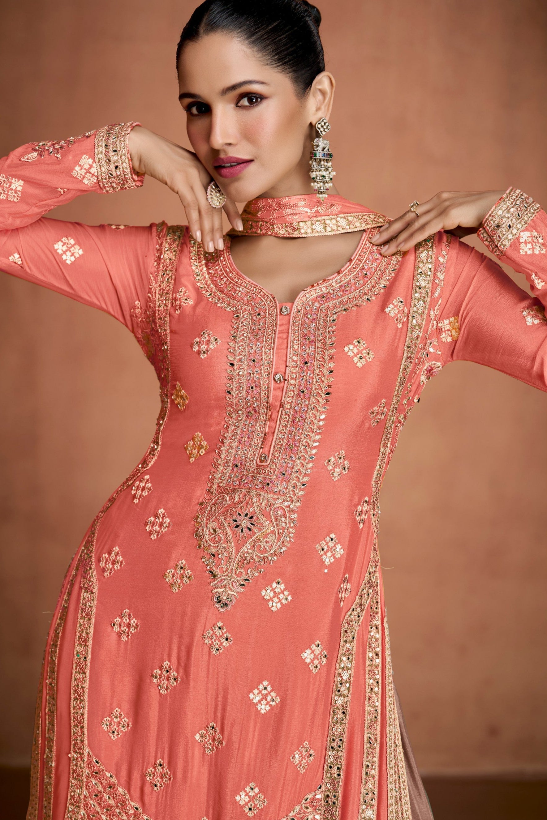 Coral Chinon Silk Plazo Suit For Indian & Pakistani Wedding Festival - Embroidery Work