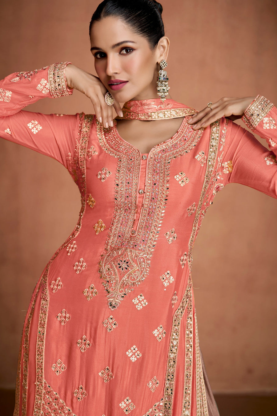 Coral Chinon Silk Plazo Suit For Indian & Pakistani Wedding Festival - Embroidery Work