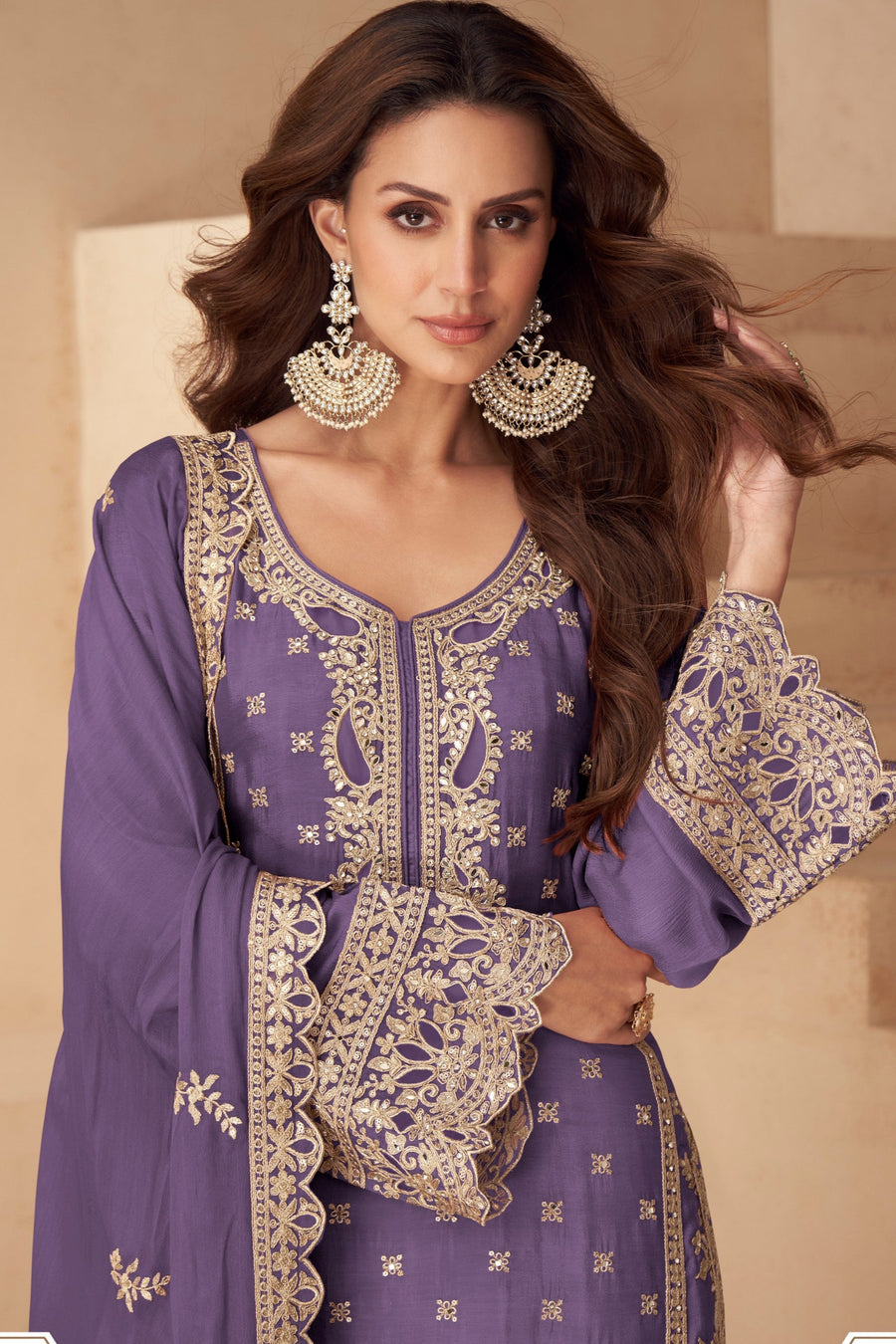 Purple Chinon Silk Palazo Suit For Indian & Pakistani Wedding Festival - Sequins & Thread Embroidery Work
