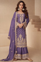 Purple Chinon Silk Palazo Suit For Indian & Pakistani Wedding Festival - Sequins & Thread Embroidery Work