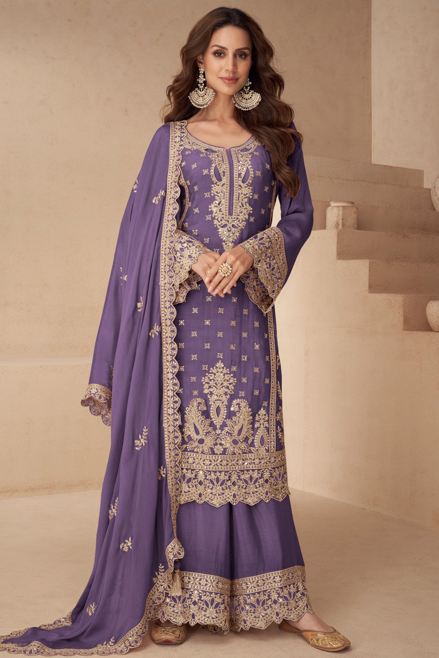 Purple Chinon Silk Palazo Suit For Indian & Pakistani Wedding Festival - Sequins & Thread Embroidery Work