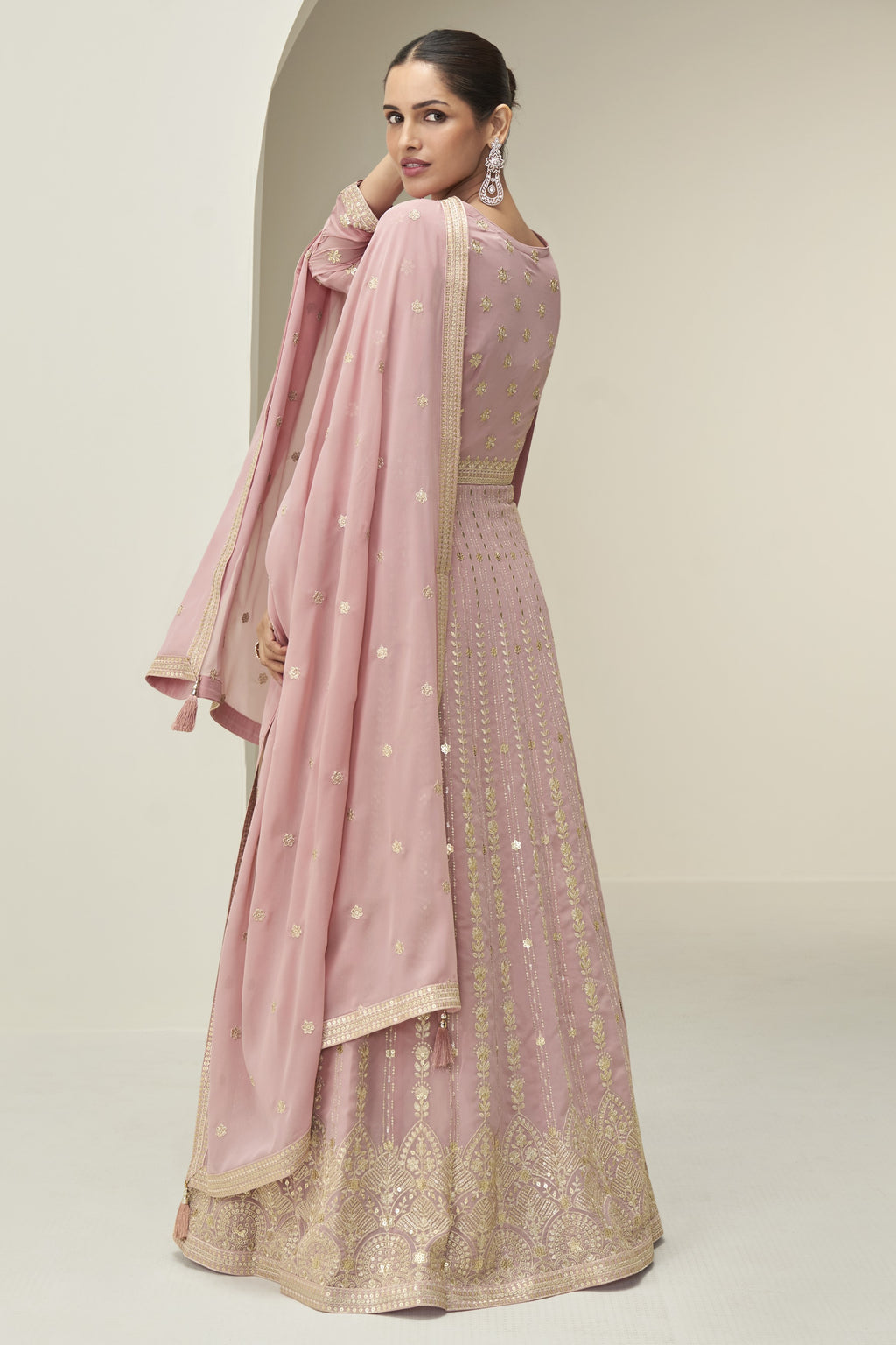 Pink Georgette Anarkali Suit For Indian & Pakistani Wedding Festival - Thread & Sequence Embroidery