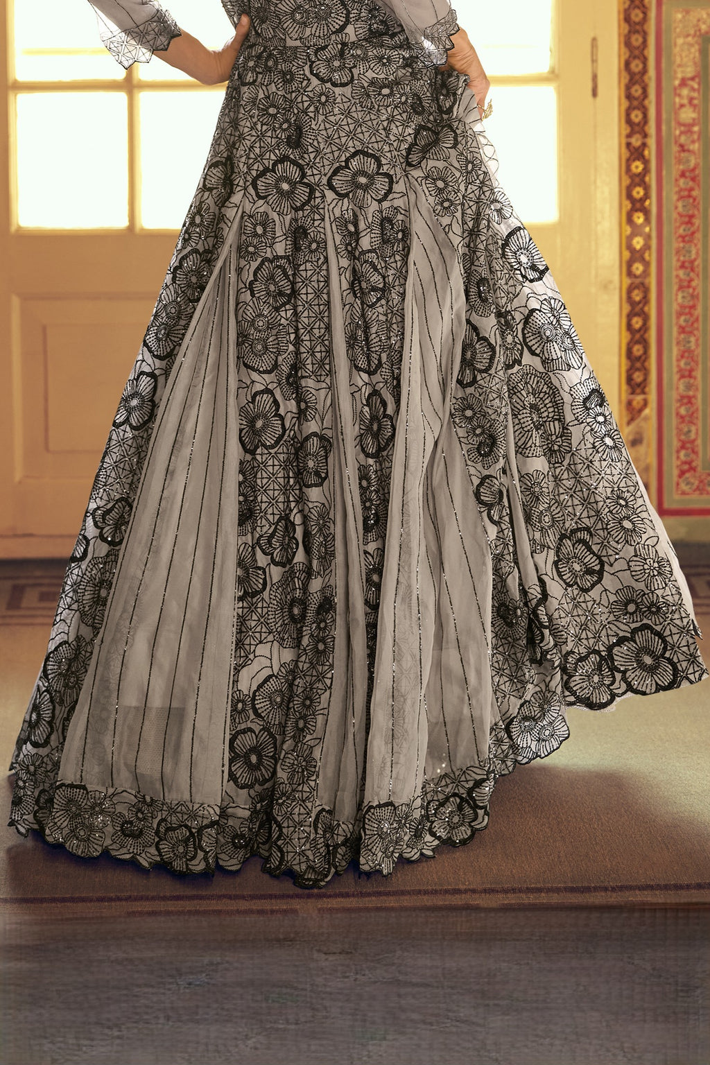 Grey Viscose Shimmer Jacquard Silk Partywear One Piece Gown For Indian & Pakistani Wedding Festival - Sequins & Thread Embroidery Work