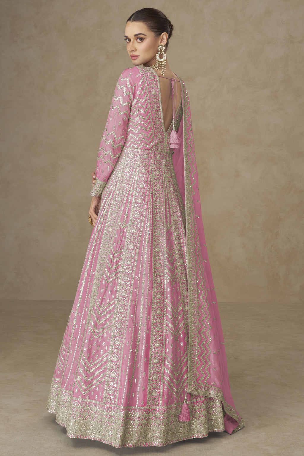 Pink Chinon Silk Anarkali Suit For Indian & Pakistani Wedding Festival - Thread Sequence Embroidery