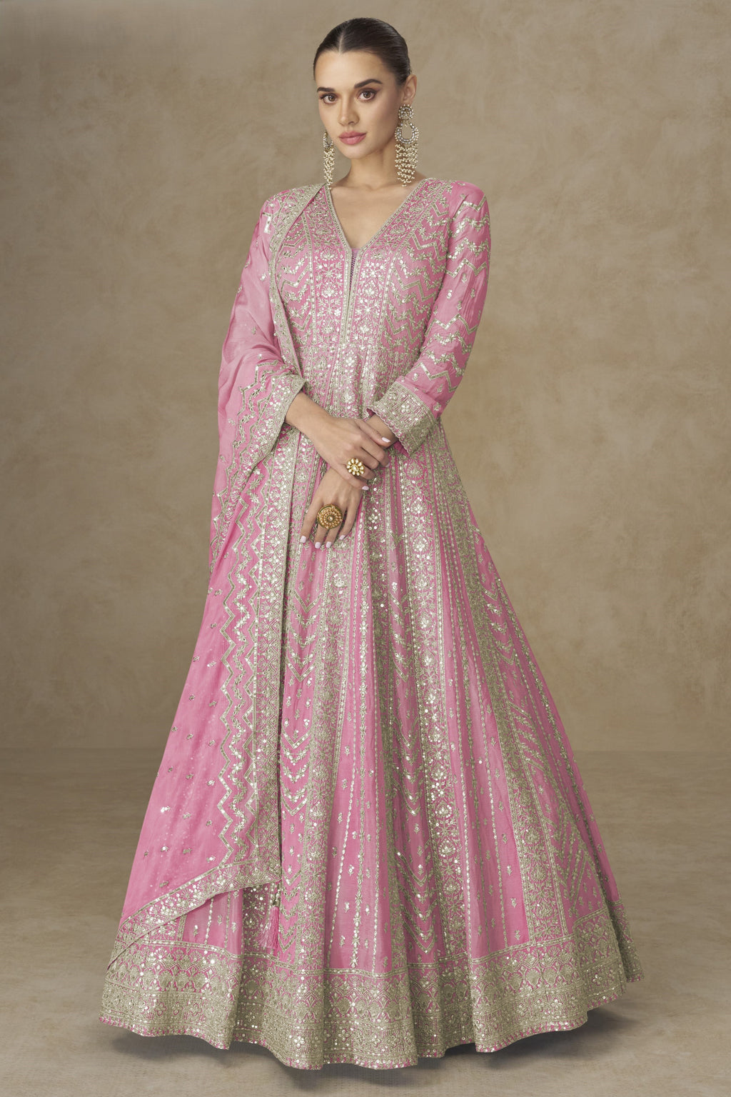 Pink Chinon Silk Anarkali Suit For Indian & Pakistani Wedding Festival - Thread Sequence Embroidery