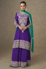 Purple Chinon Silk Kameez With Plazo Suit For Indian & Pakistani Wedding Festival - Thread & Sequence Embroidery