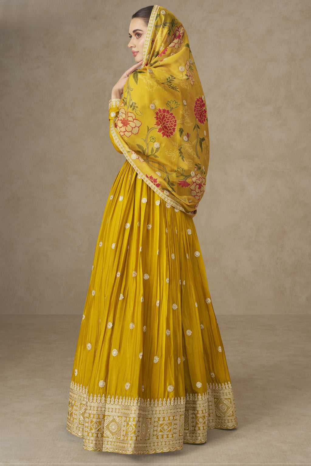 Yellow Chinon Silk Anarkali Suit For Indian & Pakistani Wedding Festival - Thread & Sequence Embroidery Work, Print Work