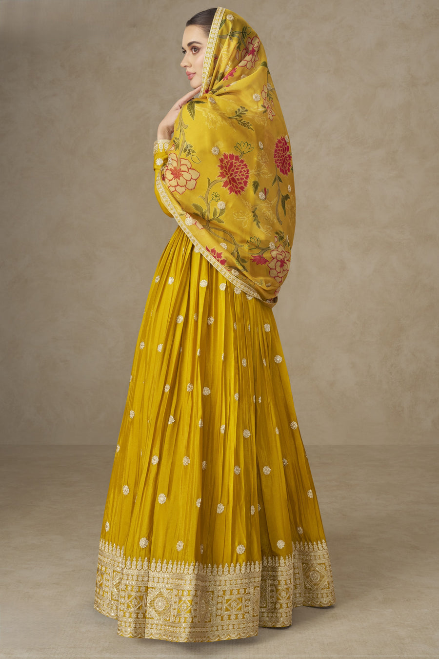 Yellow Chinon Silk Anarkali Suit For Indian & Pakistani Wedding Festival - Thread & Sequence Embroidery Work, Print Work
