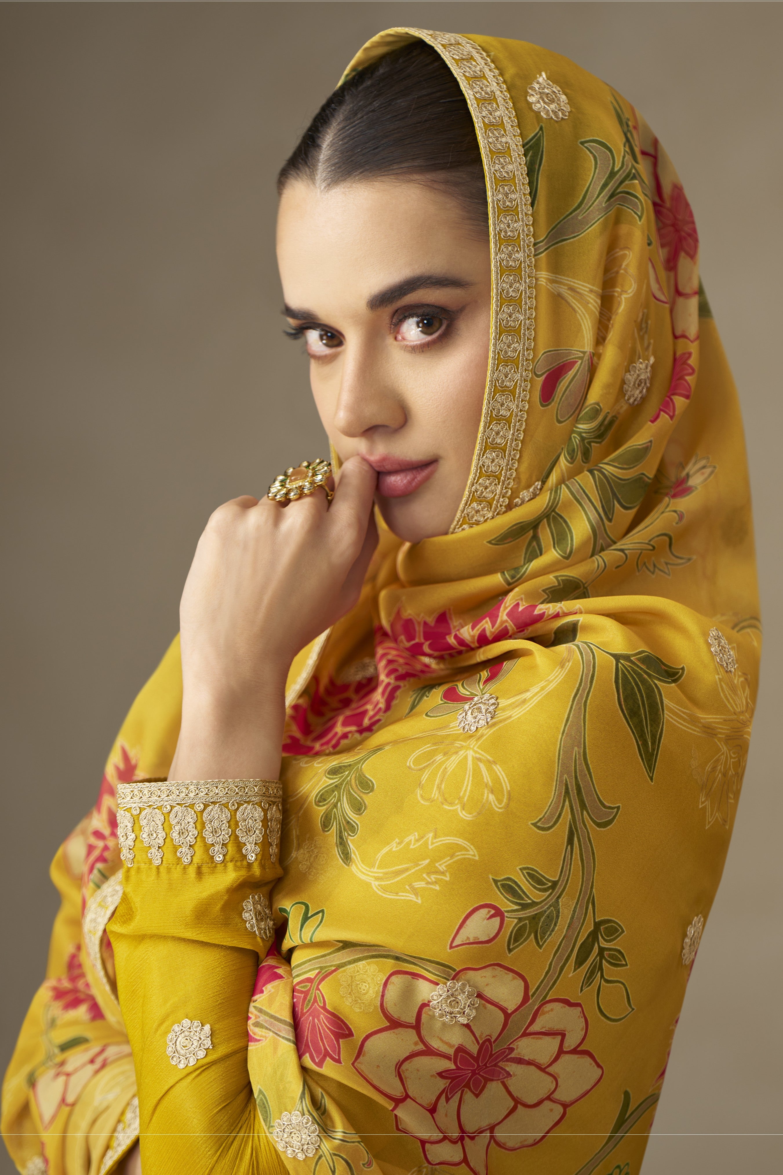 Yellow Chinon Silk Anarkali Suit For Indian & Pakistani Wedding Festival - Thread & Sequence Embroidery Work, Print Work