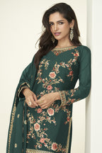 Green Chinon Silk Palazzo Suit For Indian & Pakistani Wedding Festival - Thread Embroidery Work