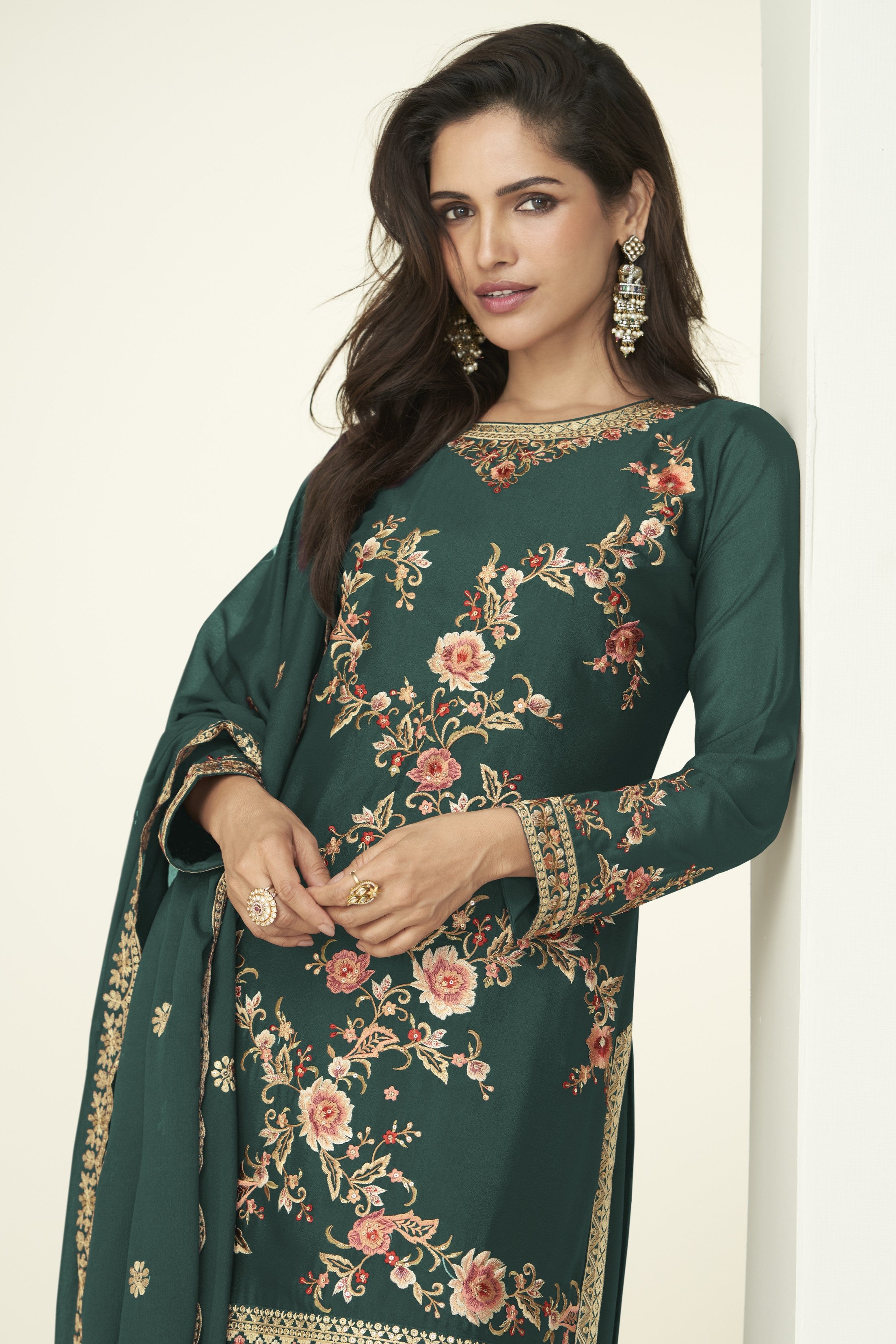 Green Chinon Silk Palazzo Suit For Indian & Pakistani Wedding Festival - Thread Embroidery Work