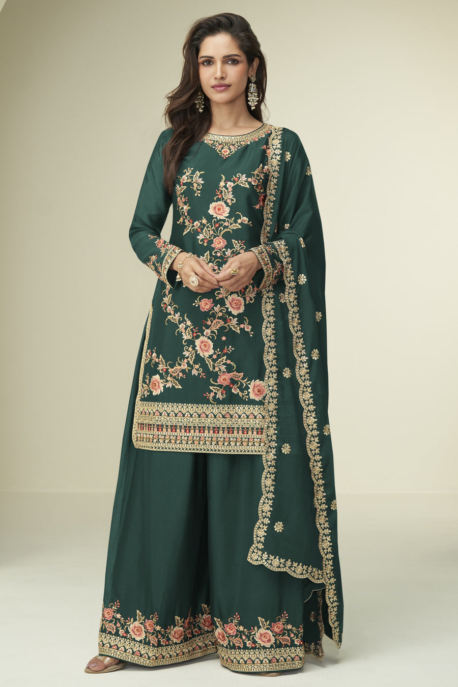 Green Chinon Silk Palazzo Suit For Indian & Pakistani Wedding Festival - Thread Embroidery Work