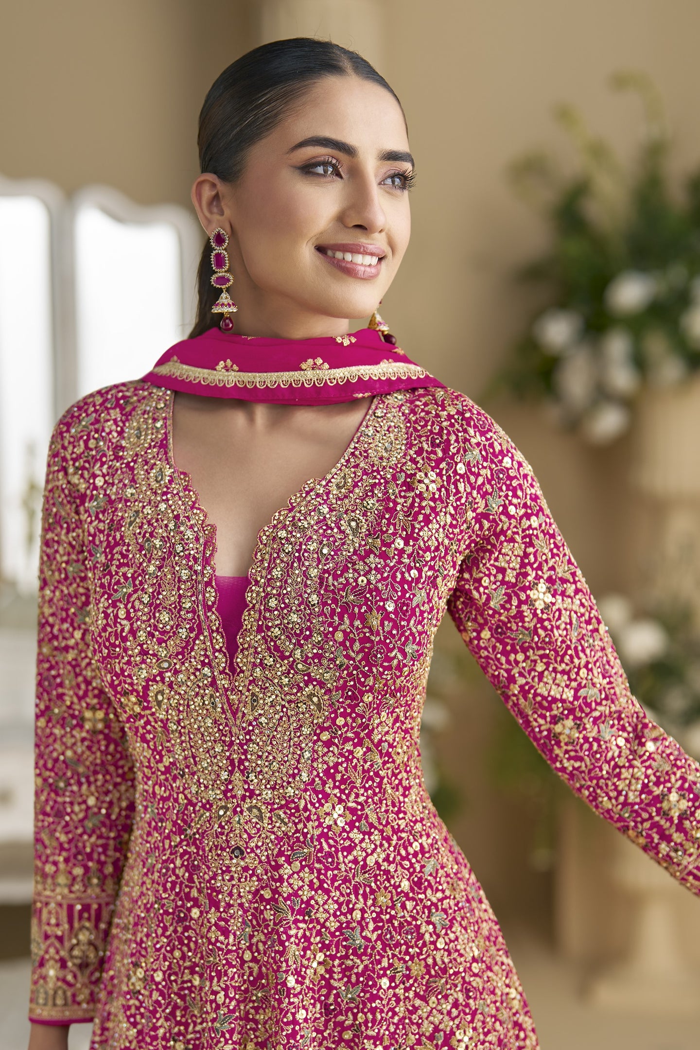 Rani Pink Georgette Anarkali Suit For Indian & Pakistani Wedding Festival - Thread & Sequins Embroidery Work, Swarovski Work