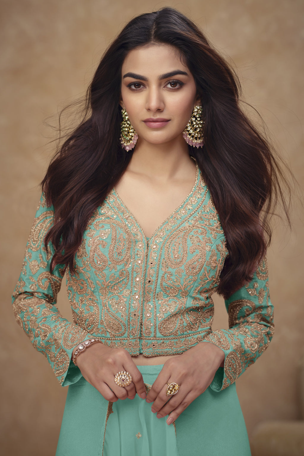 Aqua Simmer Silk Plazo Suit For Indian & Pakistani Wedding Festival - Embroidery Work