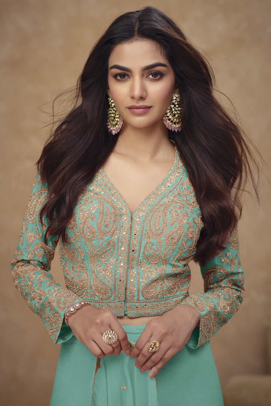 Aqua Simmer Silk Plazo Suit For Indian & Pakistani Wedding Festival - Embroidery Work