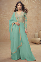 Aqua Simmer Silk Plazo Suit For Indian & Pakistani Wedding Festival - Embroidery Work