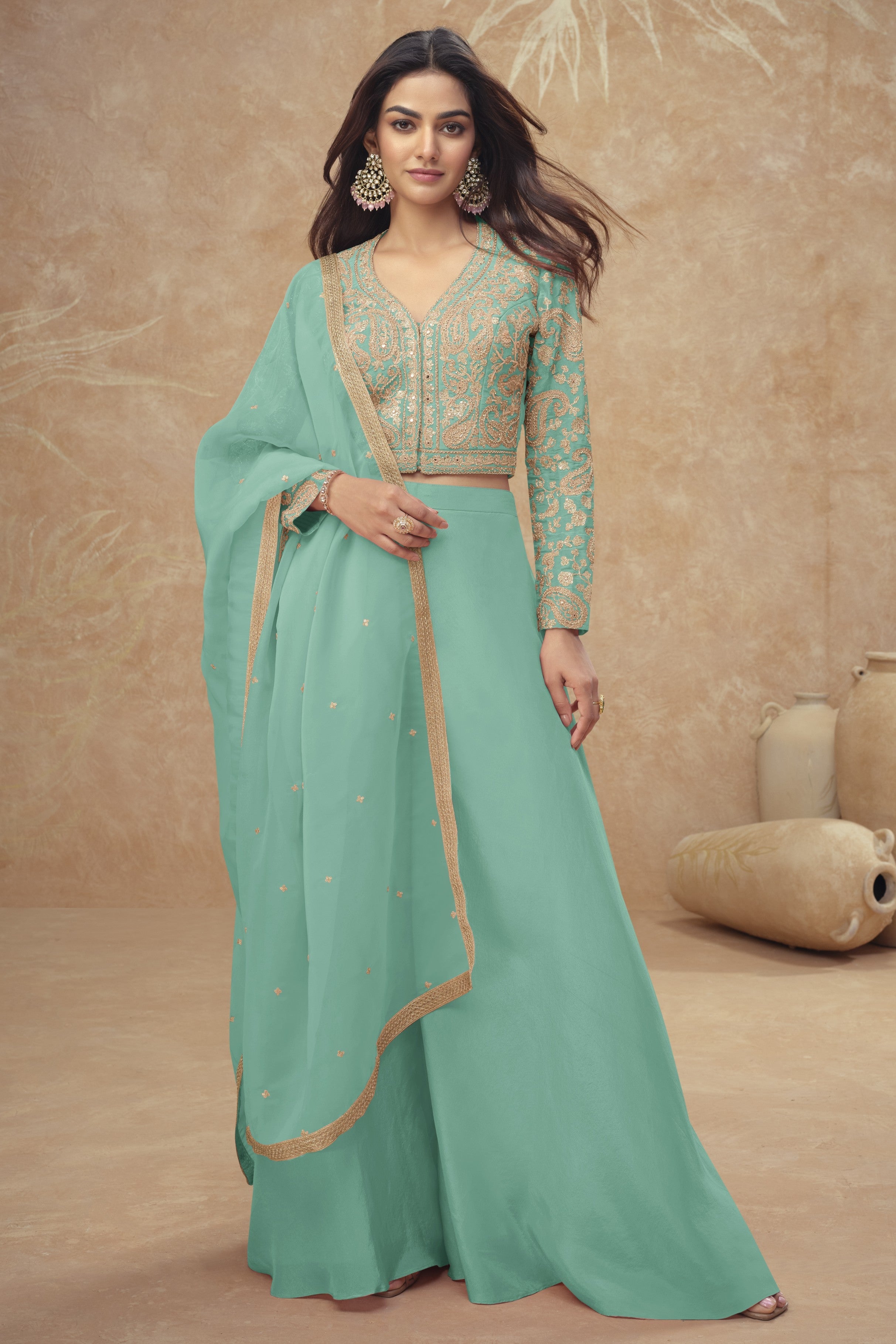 Aqua Simmer Silk Plazo Suit For Indian & Pakistani Wedding Festival - Embroidery Work