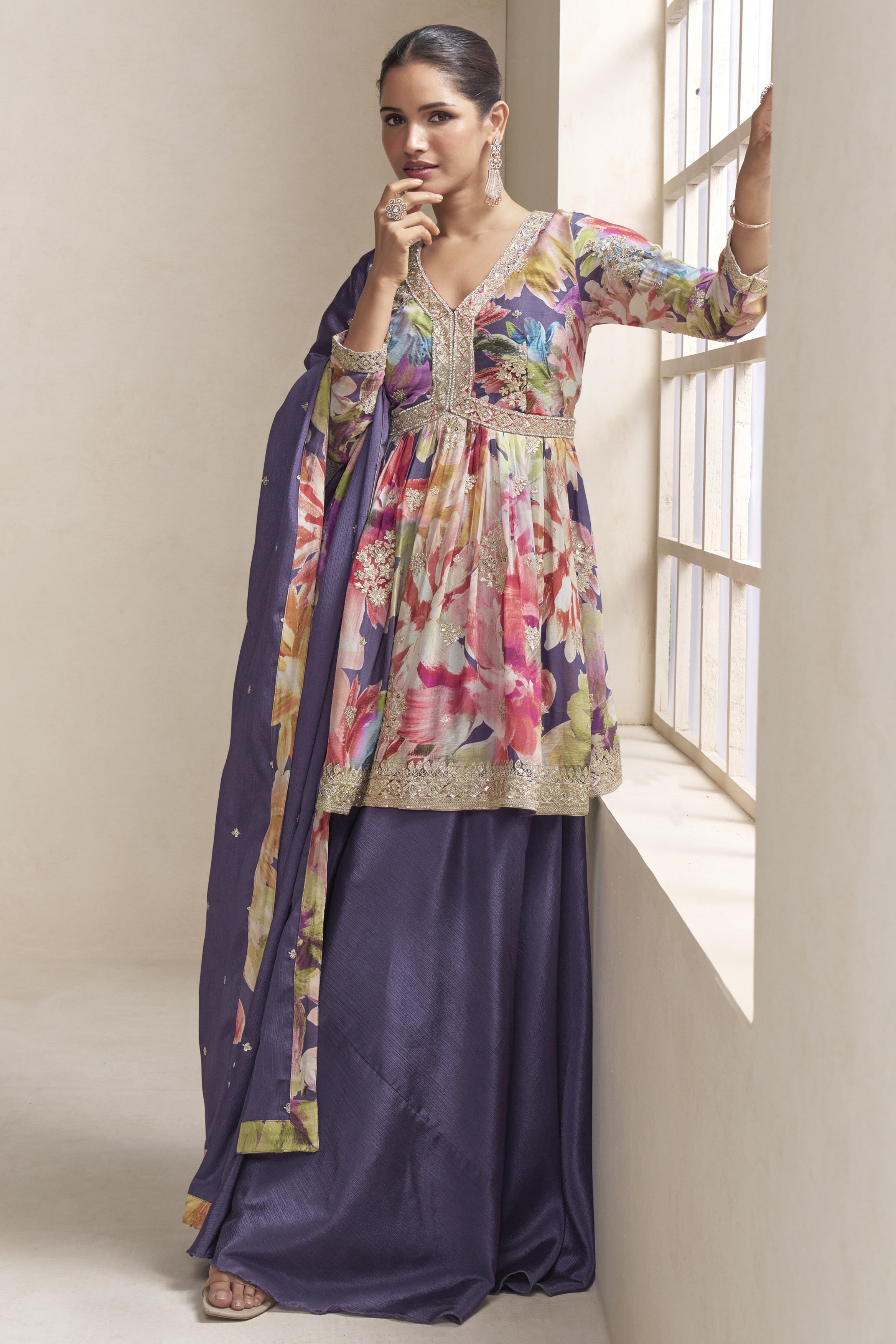 Purple Chinon Silk Floral Plazo Suit For Indian & Pakistani Wedding Festival - Thread & Sequins Embroidery Work, Print Work