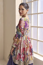 Purple Chinon Silk Floral Plazo Suit For Indian & Pakistani Wedding Festival - Thread & Sequins Embroidery Work, Print Work