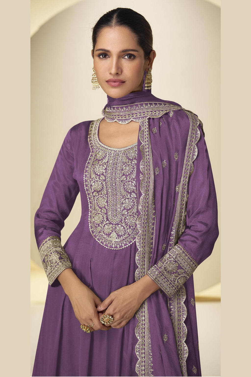 Purple Chinon Silk Palazo Suit For Indian & Pakistani Wedding Festival - Thread & Sequins Embroidery Work