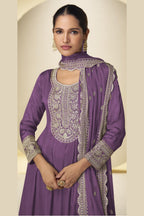 Purple Chinon Silk Palazo Suit For Indian & Pakistani Wedding Festival - Thread & Sequins Embroidery Work