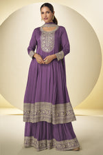 Purple Chinon Silk Palazo Suit For Indian & Pakistani Wedding Festival - Thread & Sequins Embroidery Work