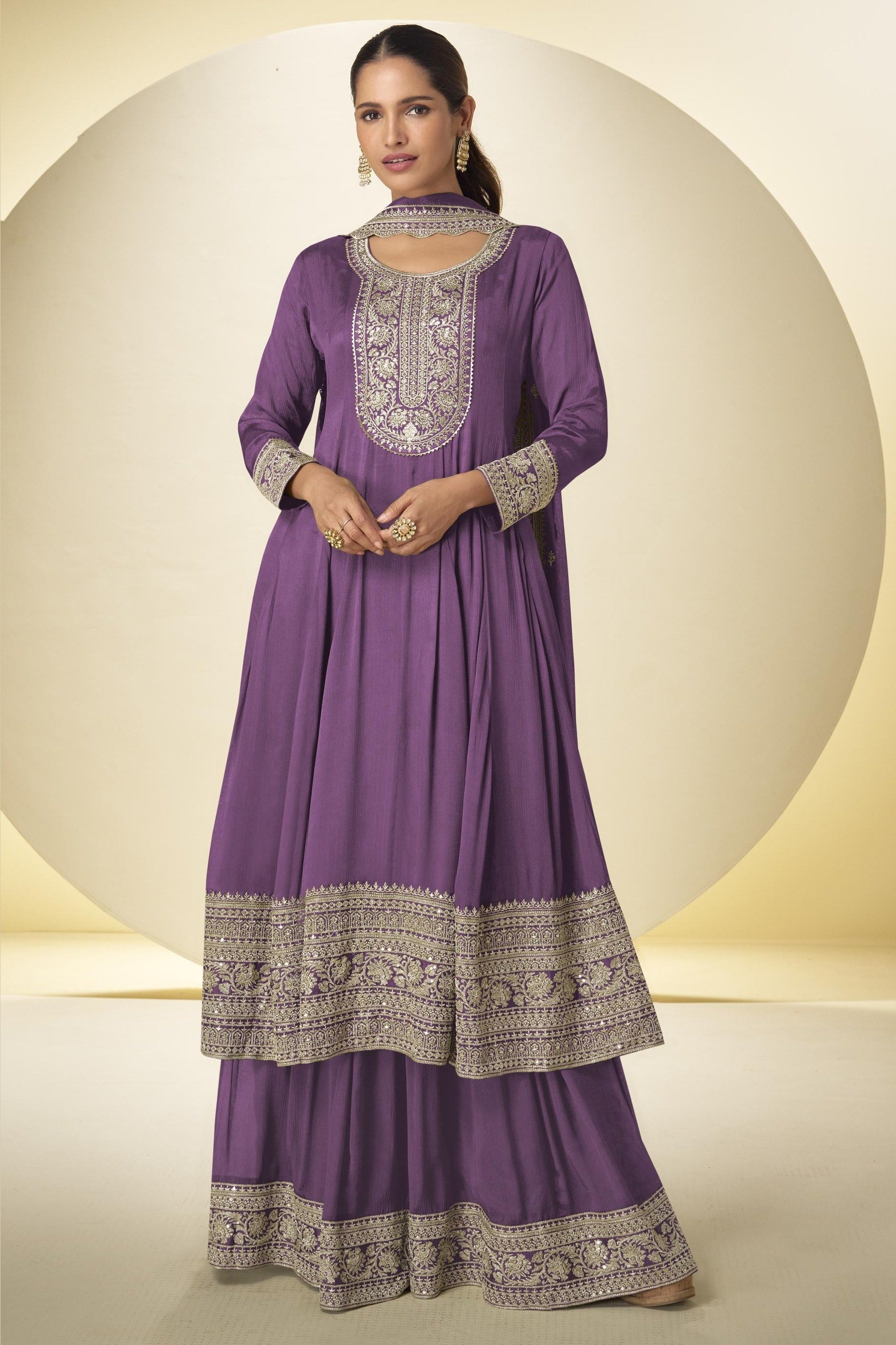 Purple Chinon Silk Palazo Suit For Indian & Pakistani Wedding Festival - Thread & Sequins Embroidery Work