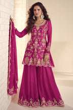 Pink Chinon Silk Plazo Suit For Indian & Pakistani Wedding Festival - Thread & Sequins Embroidery Work, Hand Work