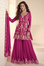 Pink Chinon Silk Plazo Suit For Indian & Pakistani Wedding Festival - Thread & Sequins Embroidery Work, Hand Work