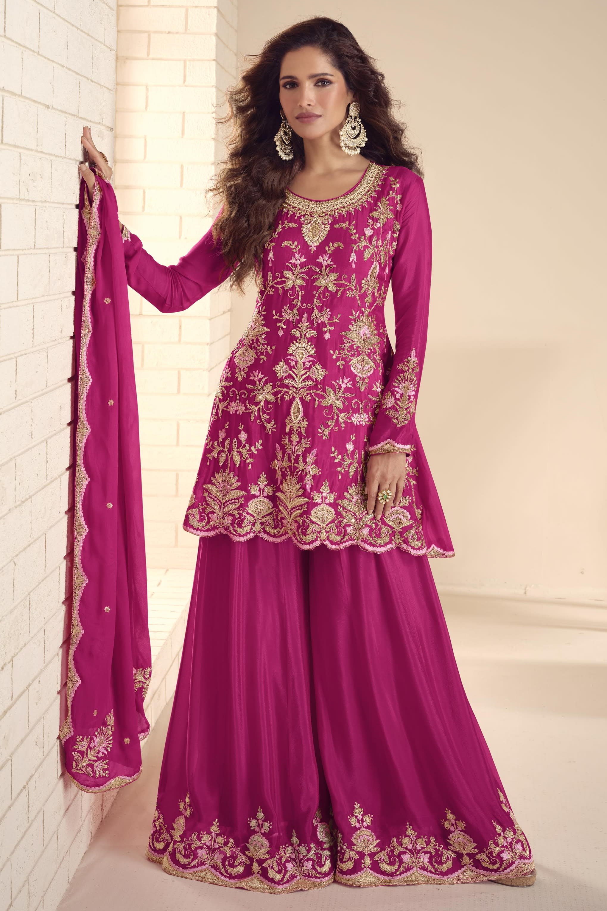 Pink Chinon Silk Plazo Suit For Indian & Pakistani Wedding Festival - Thread & Sequins Embroidery Work, Hand Work