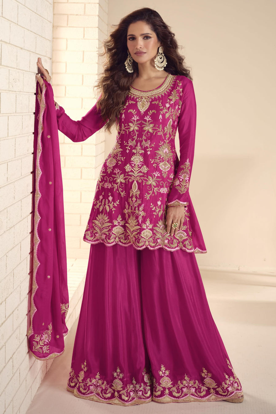 Pink Chinon Silk Plazo Suit For Indian & Pakistani Wedding Festival - Thread & Sequins Embroidery Work, Hand Work