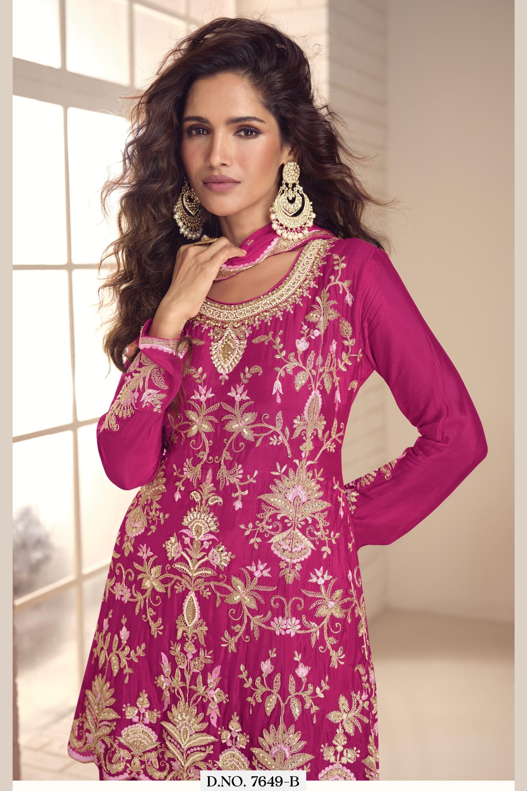 Pink Chinon Silk Plazo Suit For Indian & Pakistani Wedding Festival - Thread & Sequins Embroidery Work, Hand Work