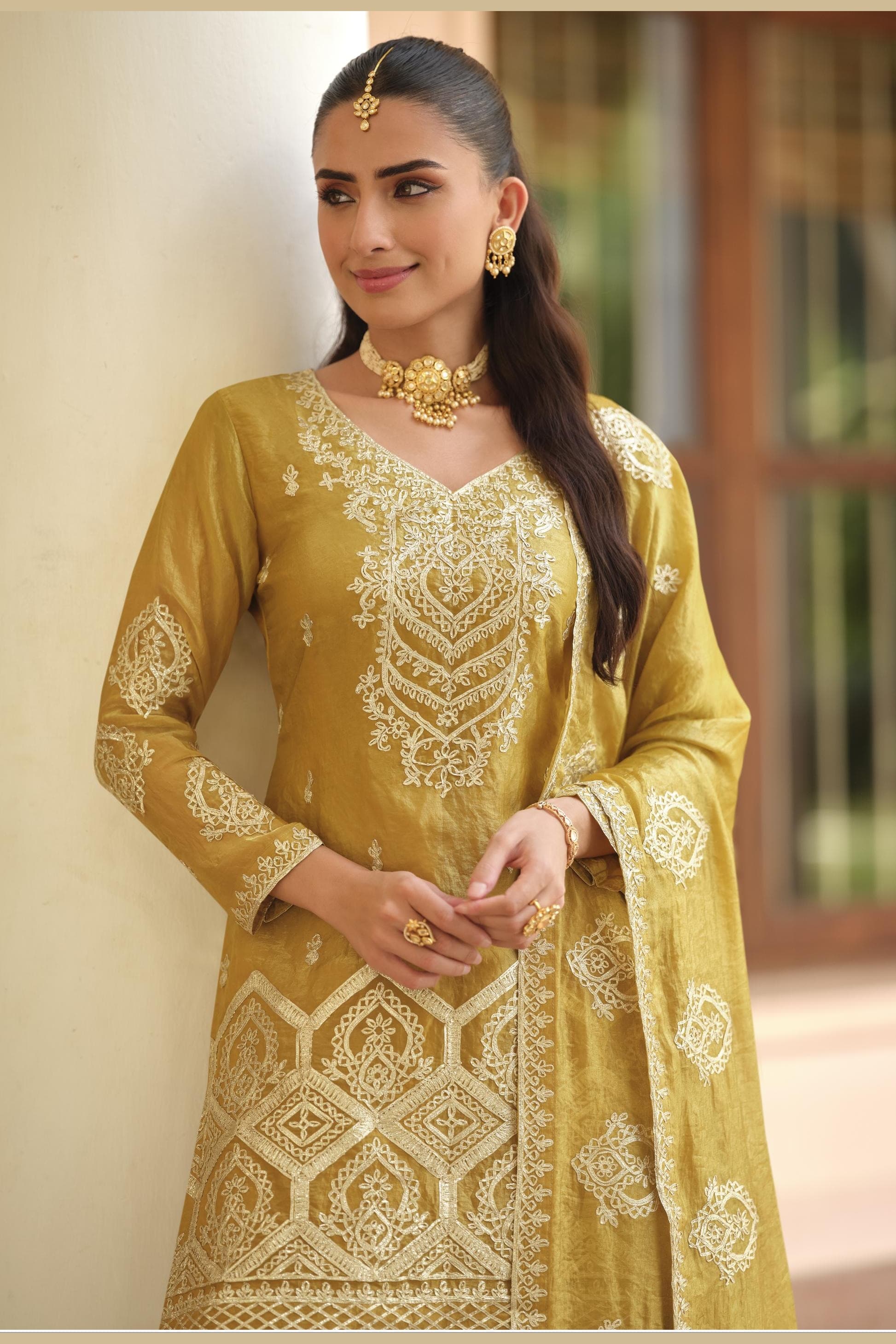 Yellow Golden Premium Tora Silk Palazzo Haldi Suit For Indian & Pakistani Wedding Festival - Patti Work
