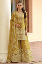 Yellow Golden Premium Tora Silk Palazzo Haldi Suit For Indian & Pakistani Wedding Festival - Patti Work