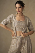 Beige Georgette Palazzo Choli With Jacket For Indian & Pakistani Wedding Festival - Sequins Embroidery Work, Stone Work
