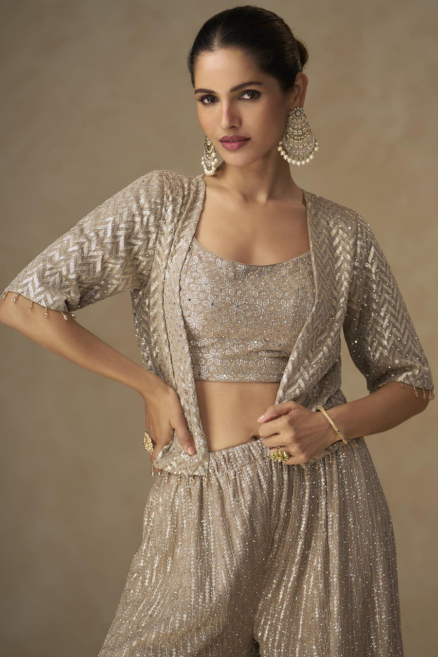 Beige Georgette Palazzo Choli With Jacket For Indian & Pakistani Wedding Festival - Sequins Embroidery Work, Stone Work