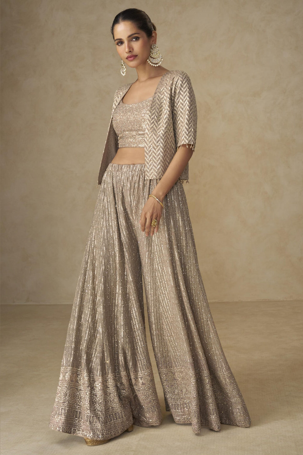 Beige Georgette Palazzo Choli With Jacket For Indian & Pakistani Wedding Festival - Sequins Embroidery Work, Stone Work