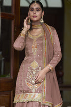 Dusty Rose Simmer Silk Palazzo Suit For Indian & Pakistani Wedding Festival - Thread & Sequins Embroidery Work