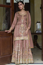 Dusty Rose Simmer Silk Palazzo Suit For Indian & Pakistani Wedding Festival - Thread & Sequins Embroidery Work