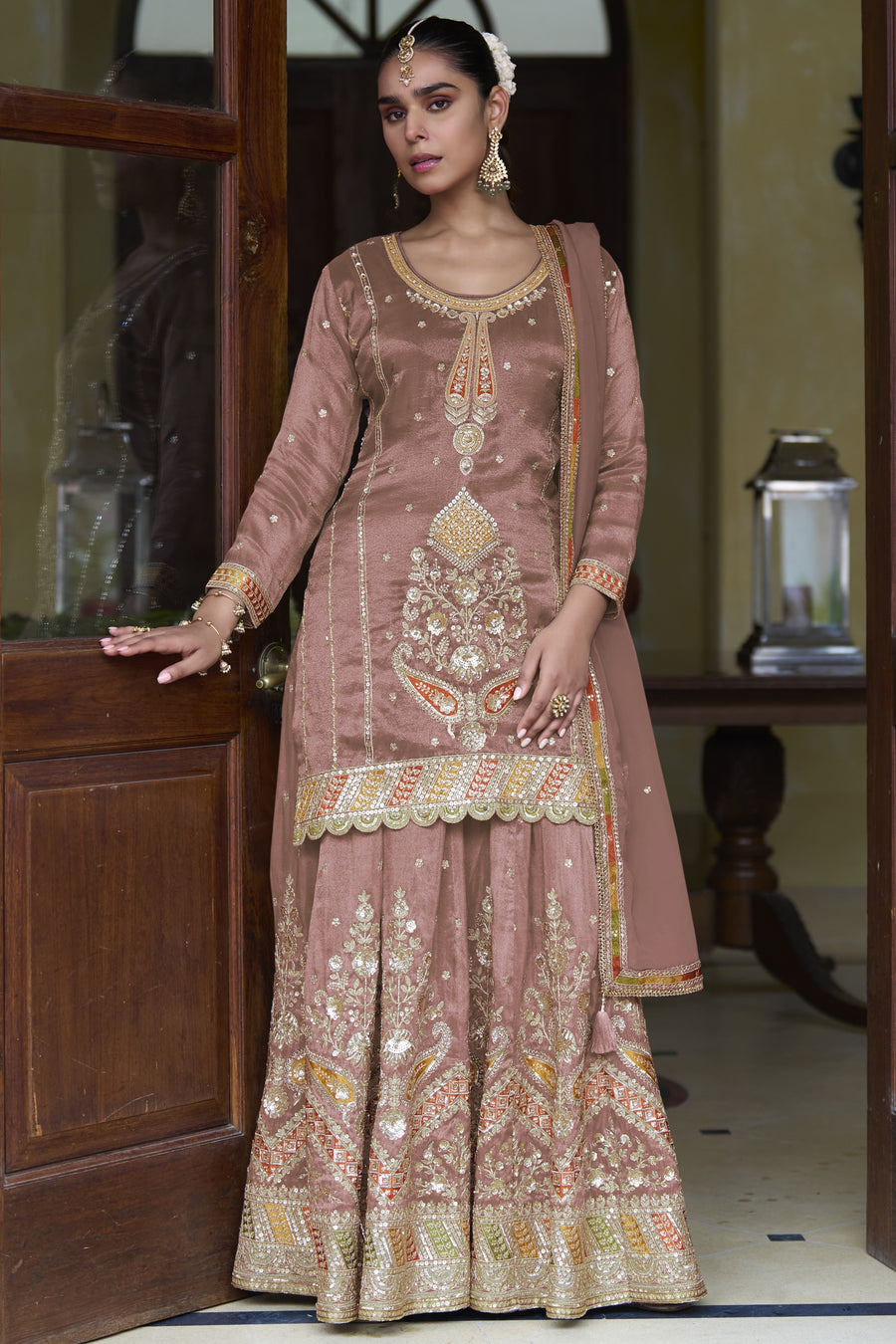Dusty Rose Simmer Silk Palazzo Suit For Indian & Pakistani Wedding Festival - Thread & Sequins Embroidery Work